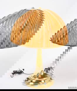 Gabriella Crespi - Large 'Fungo' Table Lamp - Rising Sun Series: Gabriella Crespi (1922 - 2017), 'Fungo' table lamp (largest size made, rare). Brass and split rattan. Signed on top disc and base. From the 'Rising Sun Series', 1983. Milan, Italy. Gabriella Crespi is