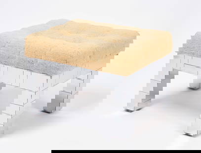 Paul Evans Ottoman Stool: Paul Evans cityscape chrome Ottoman stool original upholstery. Signed and dated 1970s. H 17 in. W 25 in. D 16 in. Condition: Wear consistent with age and use. Link for high-res images: xht