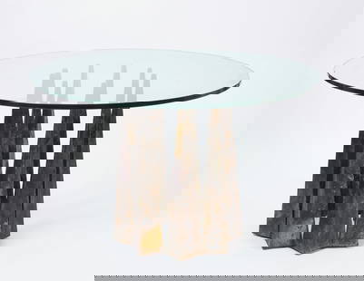 Paul Evans Figural Center Table: Paul Evans (1931-1987) center table, rare example. Welded and patinated steel with glass top. Signed 'Paul Evans 74'. Paul Evans, was an American-born furniture designer, sculptor, and artist, who is