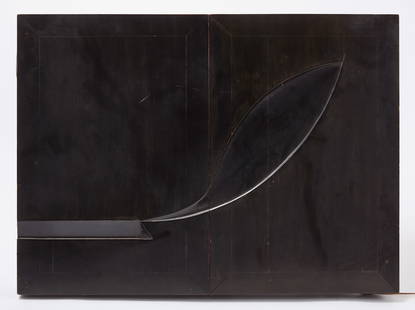 Modern Three-Part Folding Vanity Mirror, Signed: Modern 3-part custom folding, vanity mirror. Carved ebonized wood. Signed in upper-left side corner by maker. Circa 1935. H 25 in. L 68 in. Condition: Some metal trim loose, surface imperfections. Lin