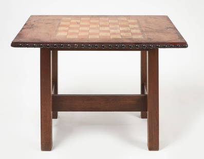 Stickley Chess Table #419: Rare Gustav Stickley chess table, #419. Rare, early form with original leather top over a vertical stretcher and key and tenon construction.&nbsp;Pronounced Stickley logo stamp. American, circa 1901 H