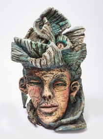 Judy Moonelis Studio Pottery Sculpture of Head with Hidden Faces