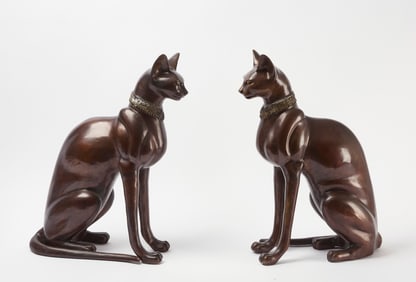 Pair of Egyptian Revival Bronze Cats, Signed 'Edwards'