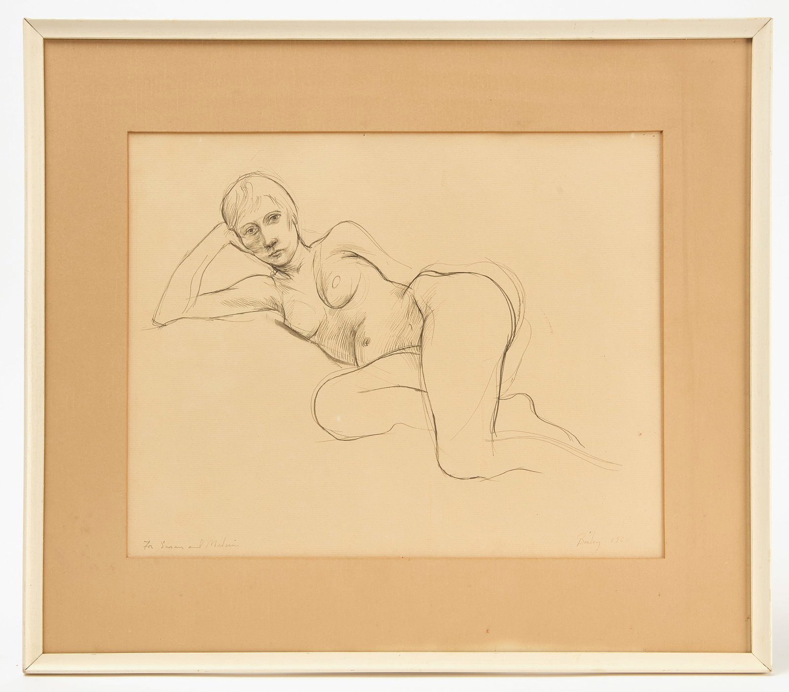 William Bailey - Drawing of a Nude Woman in Recumbent Pose: William Bailey (1930-2020) - Framed and matted drawing of a nude woman in recumbent pose. Signed and dated 1960 in pencil, inscribed 'To Susan and Melvin' in LL corner. Frame: H 17-