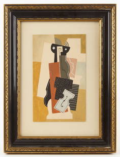 Cubist Work on Paper, Signed JG, 1919: Cubist work on paper. Signed with initials 'JG' in LR corner and dated 1919. Framed. Frame: H 18-3/4 in. W 14-1/4 in.Work: H 11 in. W 6-5/8 in. Condition: No damage noted. Link to hi-res images: https
