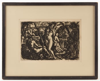 Béla Uitz - Print of Nude Figures Bathing, Signed
