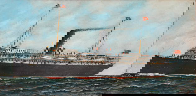 Antonio Jacobsen - SS Evangeline 1913, Signed: Painting of the Plant Line S.S. Evangeline. Large, framed oil on artist's panel. Signed in the LR corner by Antonio Jacobsen, 31 Palisade Av. West Hoboken, NJ. Gilt frame with attached plaque. America