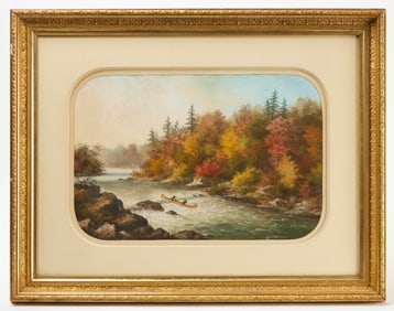 Alfred Worseley Holdstock - Pastel Painting Of Canoe On Rapids In Autumn, Signed