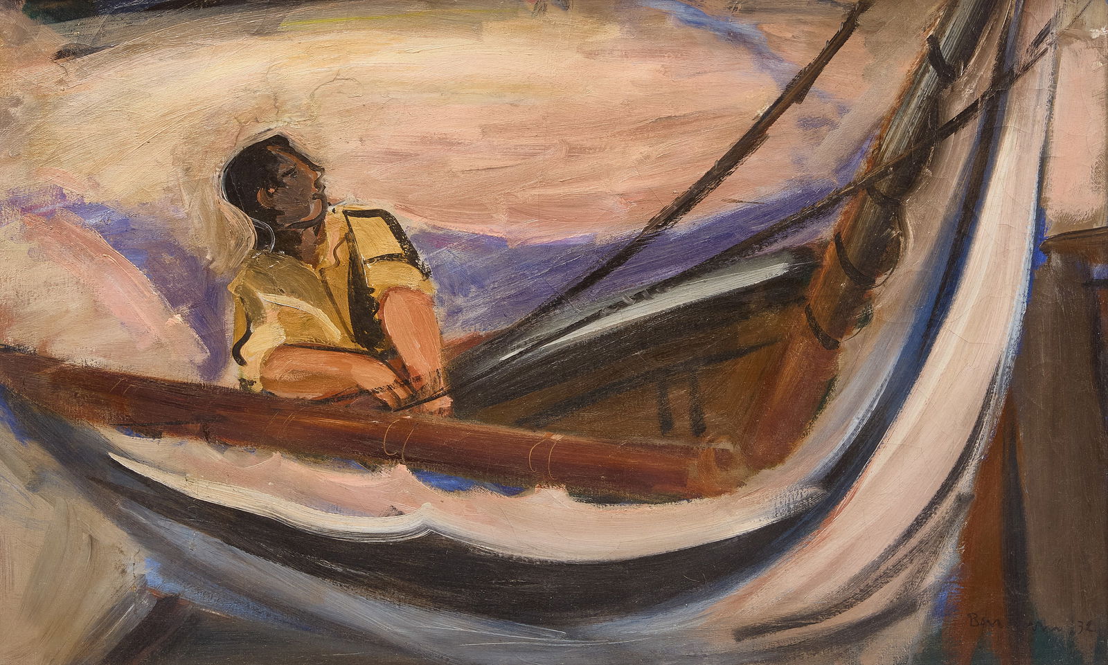 Ben Benn- Man in Boat Painting, Signed: Ben Benn (1884-1983), painting of a man in a boat experiencing stormy seas. Oil on canvas. Signed and dated by artist. American, 1932. Benn Benn was a pioneer American modernist whose independen