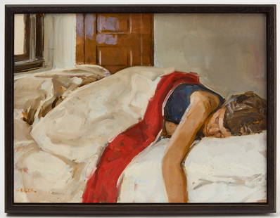 Philip Geiger - My November Guest, Signed: Philip Geiger (b. 1956), 'My November Guest'. Oil on panel. Signed in LR corner. American, late 20th/early 21st century. Geiger earned his BFA from Washington University and went on