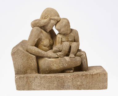 Stone Sculpture of a Woman Holding a Child: Stone sculpture of a woman holding a child. Likely 20th century. H 17 in. W 19 in. D 10 in. Condition: Wear consistent with age. Link for high-res images: https://www.dropbox.com