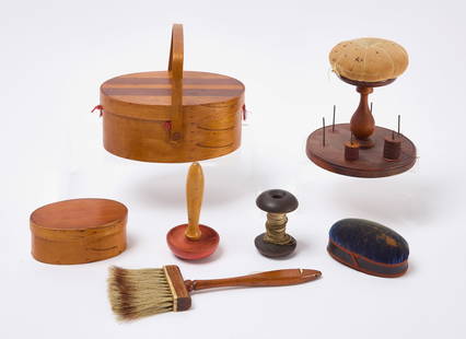 Good Shaker Group: A good Shaker group consisting of seven individual items as follows: A brush, a&nbsp;circa 1880.&nbsp;Shaker four-finger sewing box with multi wood lid in original surface, 19th century&nbsp;a Shaker