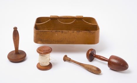 Shaker Bentwood Carrier in Mustard Paint, with Four Sewing Implements