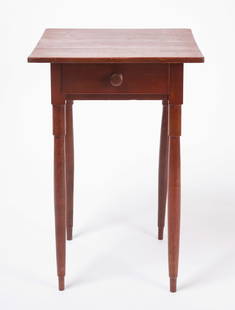 Shaker One-Drawer Stand: Shaker one-drawer stand. Original thin red wash. American, mid 19th century. H 27-3/4 in. W 19 in. D 18-1/2 in. Provenance: Celeste Koster, Chatham, NY. Condition: Excellent original condition with mi