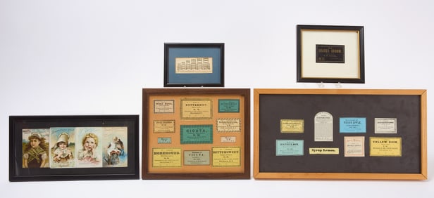 Group of Framed Shaker Labels and Advertising