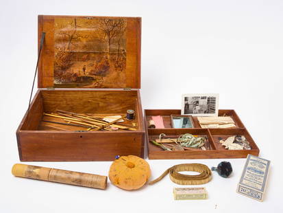 Shaker Sisters Sewing Box with Contents: Shaker sisters sewing box with key and contents. New England, early 20th century. H 4-3/4 in. W 14 in. D 10 in.&nbsp; Provenance: Willis Henry Auctions. Condition: Minor edge and surface wear.&nbsp; L