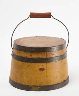 Shaker Painted Wooden Pail: A Shaker&nbsp;pail in yellow paint. Handled and lidded. Initials &#39;A.W.&#39; painted on underside. American, late 19th century. H 7-1/2 in. D 10-1/2 in. Condition: Minor surface imperfections. Over