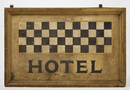 Early Hotel Sign: Early hotel sign depicting a checkerboard. Double sided painted tin and wood. Original surface. American, mid to late 19th century. H 31-1/2 in. W 48 in. D 3-1/4 in. Condition: Minor s
