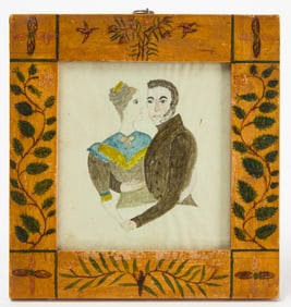 Folk Art Watercolor of Lovers with Painted Frame