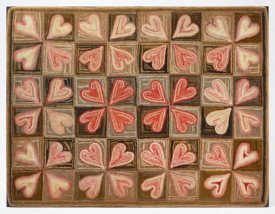 Hooked Rug with Hearts: Exceptional hooked rug with hearts. Mounted to a folding frame. American, 19th century. H 71 in. W 54-1/2 in. Condition: Excellent, with minor edge imperfections. Professionally mounted. Link to high-