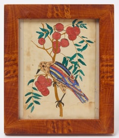 Pennsylvania Watercolor Fraktur of a Bird in a Cherry Tree