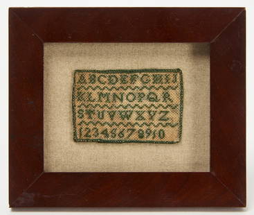 Shaker Miniature Sampler: A miniature sampler. Green and white thread on silk. Professionally framed. American, mid 19th century. Frame: H 4-7/8 in. W 5-7/8 in. Sampler: H 1-7/8 in. W 2-3/4 in. Condition: Lightly soiled surfac
