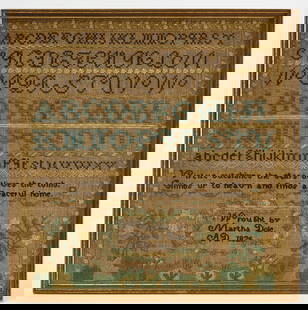 Needlework Sampler - Martha Dole, 1826: Needlework&nbsp;sampler. Wrought by Martha Dole.&nbsp;Northeastern U.S.,&nbsp;1826.&nbsp; Frame: H 13-1/4 in. W 13-1/4 in. Sight: H 12-3/4 in. W 12-3/4 in. Condition: Excellent condition with bright c