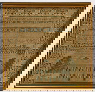 Rare Virginia Needlework Sampler - C. H. Monroney: Needlework sampler of the &#39;female school&#39; wrought by &#39;C. H. Monroney&#39;. Shows a school building flanked by trees, and a fruit vine border. Contemporary frame. Fauquier county Virginia,