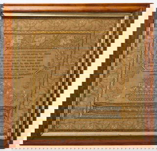 Needlework Sampler - Eliza Weckerley, 1817: Sampler wrought by Elizabeth (Eliza) Weckerley (b. 1798). Silk on linen. Displays floral and grape motifs. Bottom reads 'Respectfully presented to Abraham and Elizabeth Weckerley by their affectio