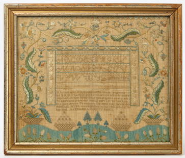 Needlework Sampler - Abigail Ayer, 1808: Needlework sampler wrought by Abigail Ayer, age 14. Prominently displays floral motifs which surround the alphabet and a poem. Cross-stitch on silk or linen. Haverhill County (Massachusetts), 1808.&nb