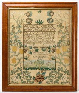 Needlework Sampler - Anne England: Needlework sampler wrought by Anne England. Silk on linen. Shows an impressively stitched floral surround with central grapevines, alphabet, and poem. New Castle County (Delaware), circa 1820. Frame: