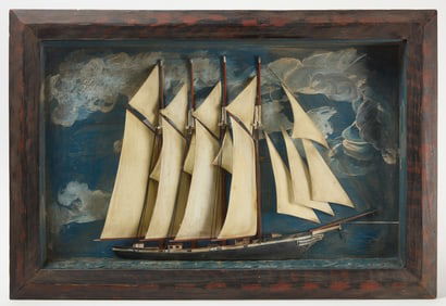 Diorama of a Four-Mast Schooner in a Painted Frame
