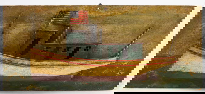 Painted Tugboat Half-Hull Diorama: Carved and painted half-hull diorama of a tugboat. Paper flag. American, late 19th-early 20th century. H 9 in. L 20-3/4 in. Condition: Minor surface imperfections. Link to high-res images: