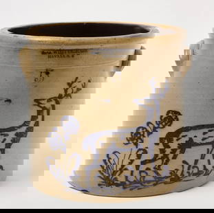 Stoneware Crock with Deer - Havana NY: Stoneware 5-gallon crock with deer and flower cobalt blue decoration. Applied lug handles. A. O. Whittemore, Havana, Whittemore was in business between 1860-1880. NY. American, circa 1870. H 11-3/4 in