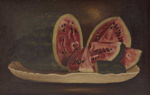 Still Life of Watermelon: Still life of watermelon. Oil on canvas. In period gilt frame. Retains Troy NY framer paper label on reverse.&nbsp;American, mid 19th century. Frame: H 18-1/4 in. W 26 in. Canvas: H 13-3/4 in.&nbsp;W