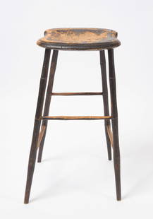 Windsor High Stool: Windsor high stool with carved saddle seat and bamboo turned legs in original black paint. American, early 19th century. H 33 in. W 17-1/4 in. D 20 in. Condition: Surface wear to seat as expecte