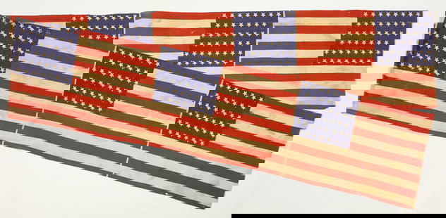 Uncut Series of Six 45-Star US Flags: Uncut series of six 45-star American flags. American, circa 1900. L 204 in. W 23 in.&nbsp; Condition: Stains, minor losses, and other imperfections as shown. Overall intact and very good. Link to high