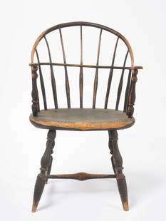 Sack Back Windsor Arm Chair: Sack back Windsor arm chair. Early, possibly original&nbsp;green paint. Connecticut, circa 1770. H 35 in W 21 in. D 21 in. SH 17-1/4 in. Condition: Old mending plate repair under one arm. Link to high