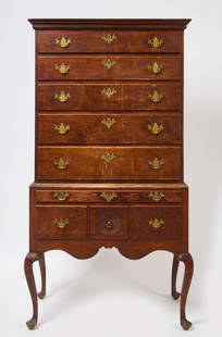 Queen Anne Highboy: Queen Anne highboy. Maple wood. This highboy was found in Mansfield Connecticut in an 18th century house on Browns Road. The highboy has an early dry finish and retains period but not o