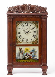 S. Clarke Pillar and Scroll Mantel Clock: S. Clarke pillar and scroll mantel clock. Heavily carved crest, column-form sides, and claw feet. Exhibits a reverse painted glass panel beneath the dial showing a patriotic motif. Retains original la