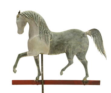 Howard Horse Weathervane: Howard Mfg. Horse Weathervane. Rare small example with applied mane. Copper and zinc. Natural period surface. Bridgewater (Massachusetts), circa 1865. H 15-1/4 in. L 18-1/4 in.&nbsp; Condition: Old so