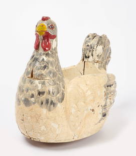 Carousel Ride in the Shape of a Hen: Carousel ride made to resemble a hen. Carved and painted wood with inner seat. American, early 20th century. H 25 in. W 18 in. L 33 in. Condition: Minor surface wear from use. Link to high-res images: