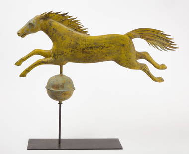 A. L. Jewell Flying Horse Weathervane: Rare flying horse weathervane. Signed &#39;AL Jewell, Waltham, Massachusetts&#39;. Molded copper with early, possibly original yellow sizing. Massachusetts, circa 1852-1867. H 17-1/4 in.&nbsp;W 30 in.