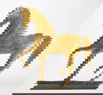 A. L. Jewell Prancing Horse Weathervane: Rare horse weathervane. Signed 'AL Jewell Waltham, Massachusetts'. Molded copper and lead. Historic gold leaf surface. Display base included. Massachusetts, circa 1870. H 30 in. W