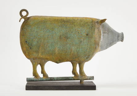 Pig Weathervane: Pig weathervane. Hollow body copper with a cast zinc head. Custom stand included as shown. American, circa 1900.H 12-1/2 in. W 17-1/2 in. Condition: Historic surface. No damage noted. Link