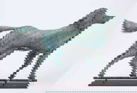 Setter Dog Weathervane: Setter dog weathervane. Hollow-body molded copper with natural patinated surface and stylized snippings for fur along the bottom neck, backs of legs, and underneath the tail. Stand included as shown.