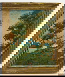 School Girl Watercolor with Village: School girl folk art village scene. Watercolor on paper in the original frame. This watercolor is likely done by the same girl, or her sister, as the next lot. New England, circa 1815. Frame: H 13 in.