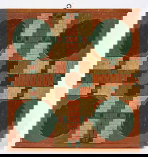 Parcheesi Game Board: Parcheesi game board. Orange, green, and white paint on a single board with breadboard ends. American, early 20th century. H 14-3/4 in.&nbsp;W 13-3/4 in.&nbsp; Condition: Surface and edge wear apparen
