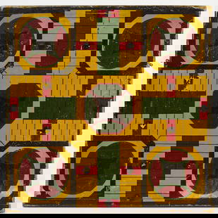 Early Double-Sided Game Board: Early double-sided painted game board. Checkers and Parcheesi. Breadboard ends. American, late 19th century. H 21 in. W 21 in. Condition: Surface wear commensurate with age. Link to high-res images:&n