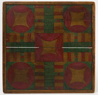 Painted Parcheesi Game Board: Painted Parcheesi self-framed game board, done in&nbsp;two panels. American, late 19th century. H 23 in. W 23-1/4 in.&nbsp; Condition: Some small wood loss and wear to painted surfaces. Link to high-r